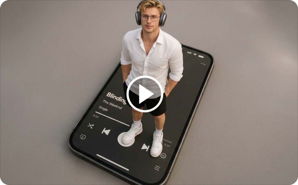 UGC video ads examples showing a stylish young man wearing headphones and glasses, standing on a giant smartphone displaying a music player interface, minimalist background, modern lifestyle and tech aesthetic