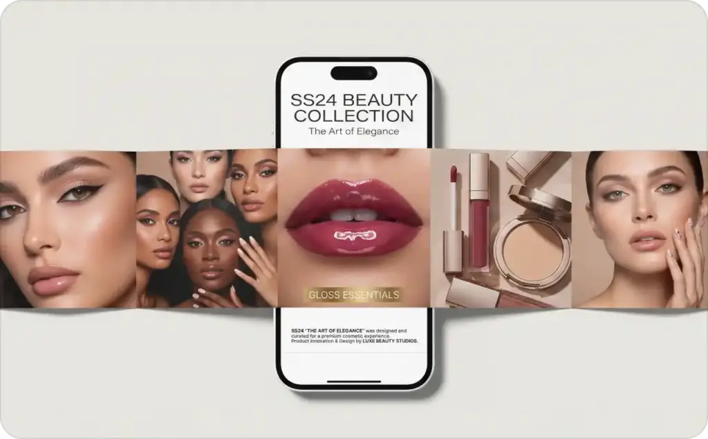 E-commerce video ads examples featuring a smartphone displaying a beauty collection campaign with unfolding panels of makeup visuals, including glossy lips, diverse models, and cosmetic products in a clean, minimal layout.