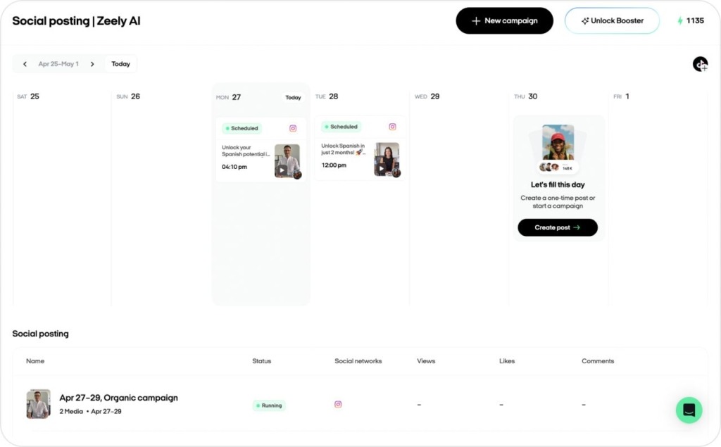 Social posting Zeely schedule screenshot