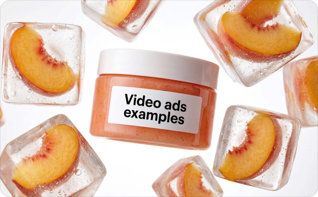 Video ads examples concept: a skincare product jar labeled “video ads examples” surrounded by ice cubes with peach slices, creating a fresh, visually appealing advertising composition