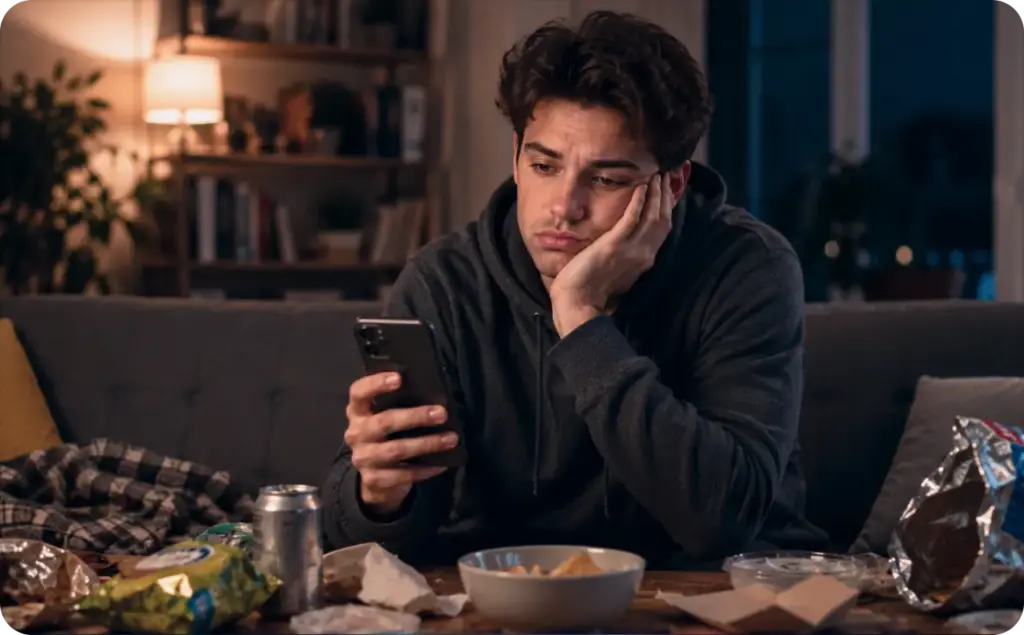 The image of the young man sitting on the sofa and having creative ad fatigue while scrolling