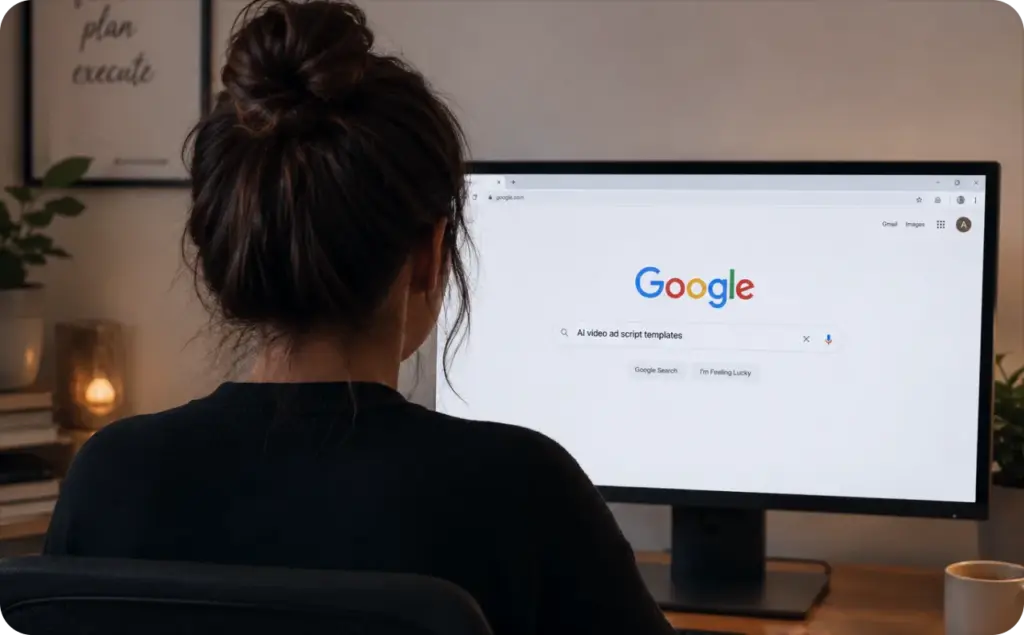 Woman sitting at her computer searching Google for AI video ad script templates in a cozy modern workspace.