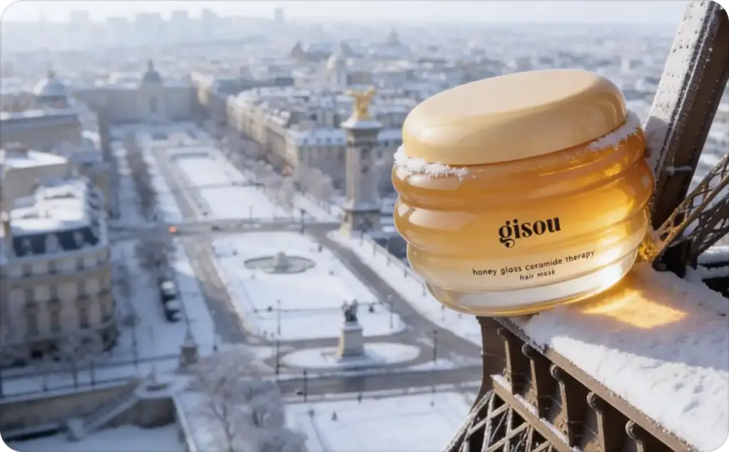 B2B video ads examples: a glossy honey-colored Gisou hair mask jar resting on the snowy structure of the Eiffel Tower, overlooking a blurred winter Paris cityscape in soft golden light.