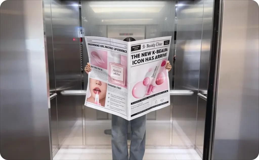 Faceless video ads examples: a person standing in a modern elevator holding a large open newspaper that completely covers their face, featuring a pink-themed beauty advertisement with lip products and skincare branding.