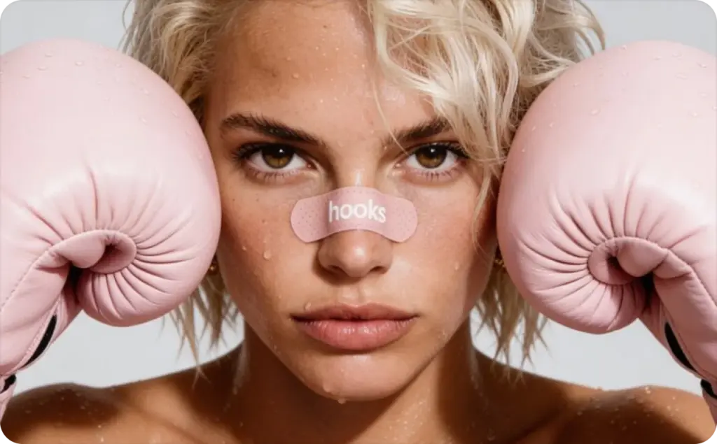 Close-up beauty portrait for TikTok ad hooks featuring a determined blonde woman wearing pink boxing gloves and a nose strip labeled “hooks,” with wet skin and intense eye contact against a clean neutral background.