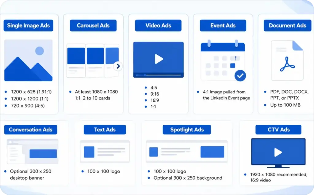 LinkedIn ad sizes for each format