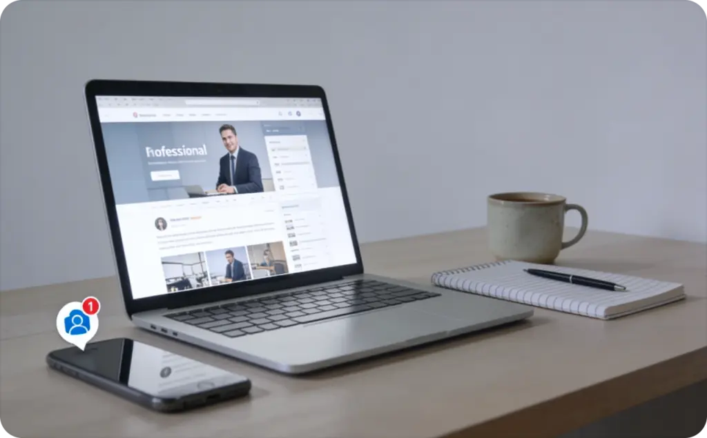 A clean workspace with a laptop displaying a professional profile page and a smartphone on a desk, illustrating LinkedIn ad sizes for desktop and mobile content optimization