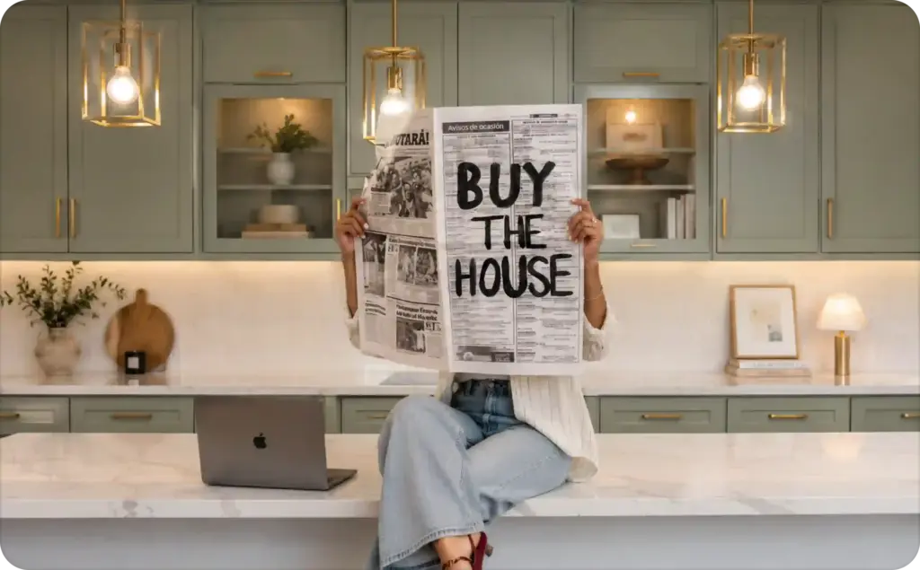 Modern kitchen lifestyle scene with homebuyer holding newspaper, ideal for AI avatar tools for real estate video walkthroughs.