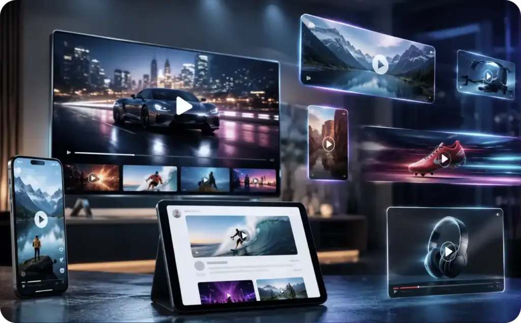 Different video ad formats displayed across smartphone, tablet, TV, and floating digital screens in a modern media setup.