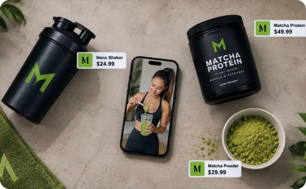 Video metrics visualization featuring matcha fitness products, a branded shaker bottle, protein powder, and a smartphone showing a sporty woman preparing a matcha drink in a modern flat lay composition.