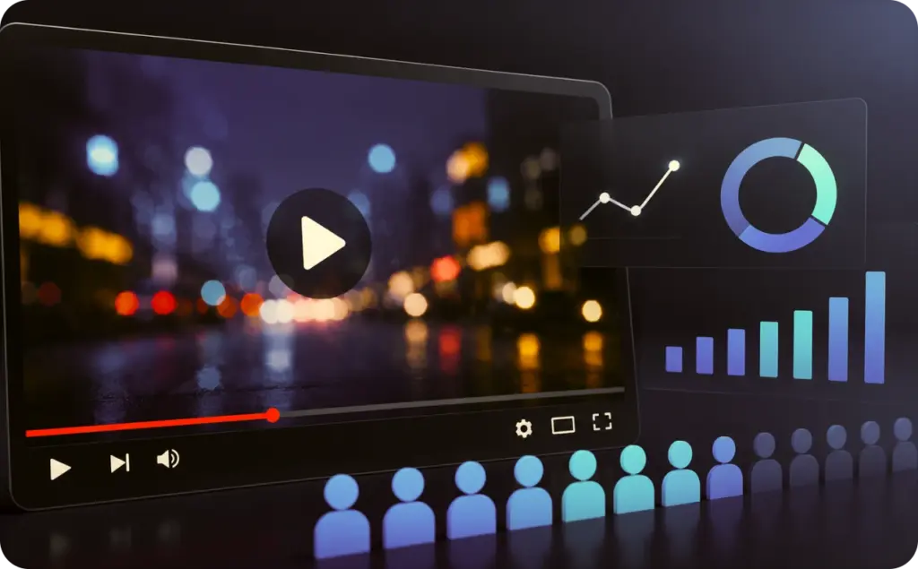Viewability concept illustration showing a digital video player, audience engagement icons, and analytics charts representing video ad visibility and viewer attention metrics.
