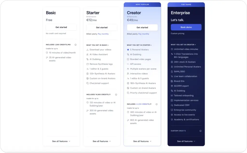 Pricing landing page