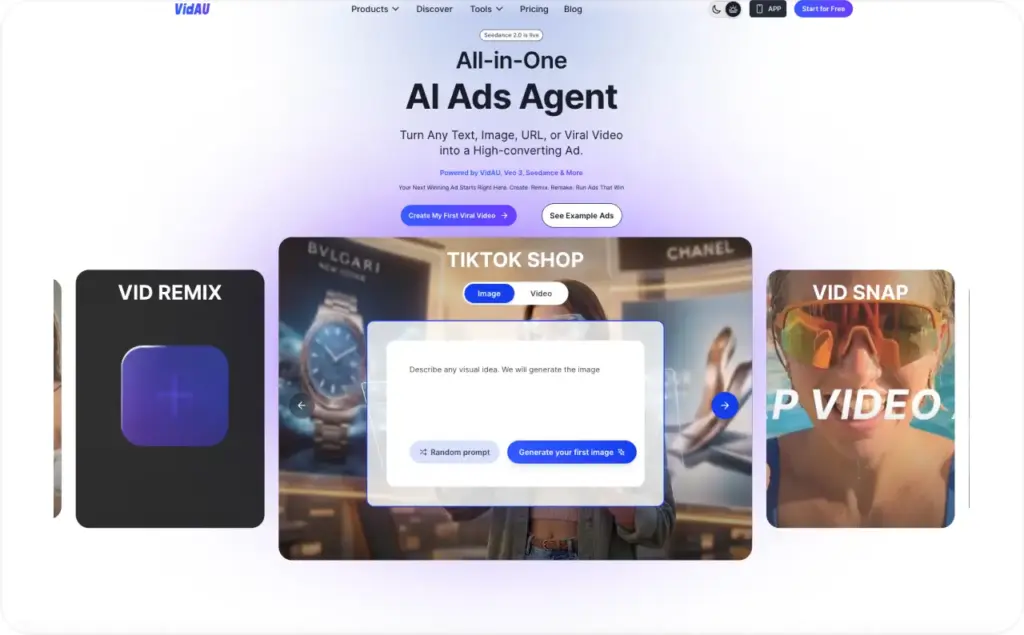 VidAU landing page