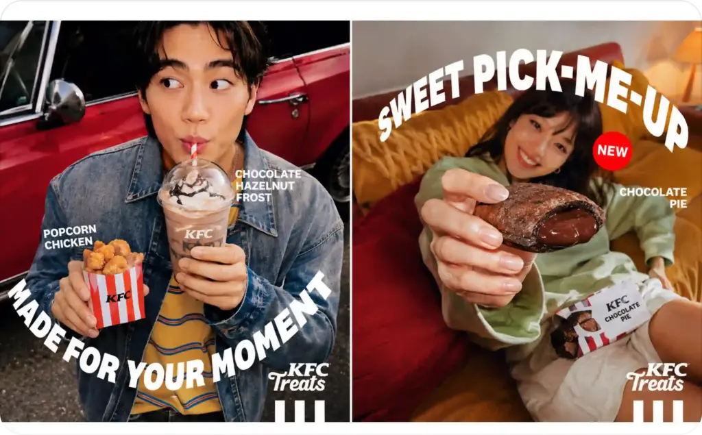 Modern fast-food promotional image in a 16:9 split-screen layout created for ad creative testing tools, featuring two diverse young models wearing contemporary casual outfits. One model enjoys an iced specialty drink while holding a crispy snack in an urban outdoor setting, and the other presents a freshly baked dessert in a cozy indoor environment. Bold curved headline text, clean product labels, vibrant lighting, and social-media-style composition demonstrate a high-converting food advertising concept for A/B testing, creative optimization, and digital marketing campaigns.