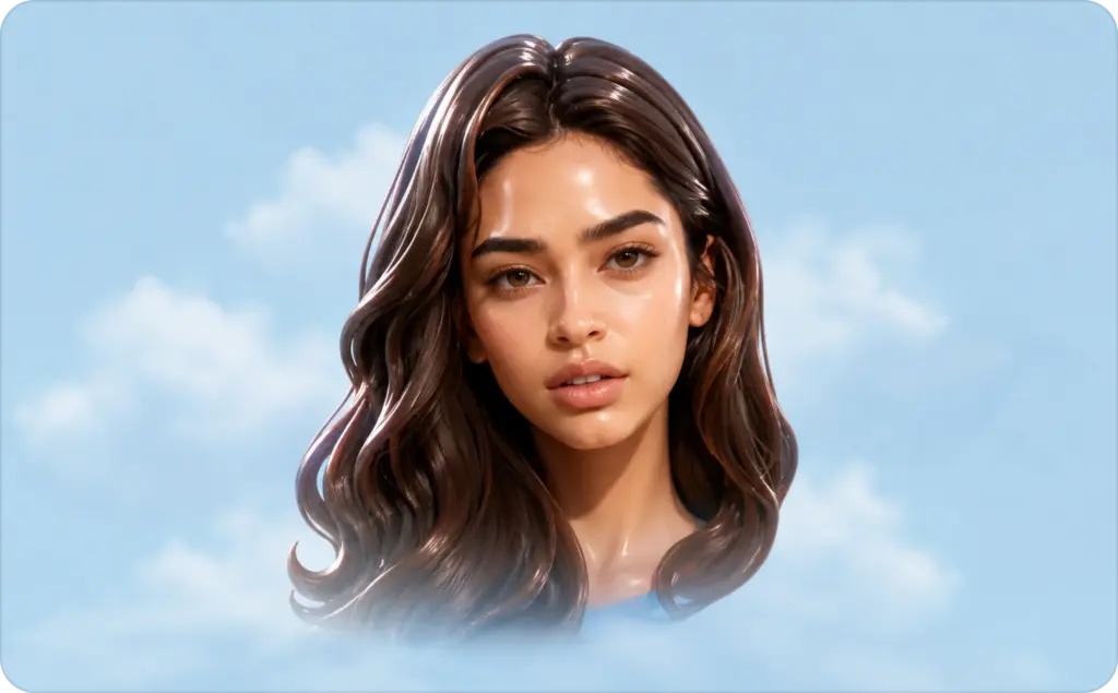 Illustration of a realistic female digital portrait with shoulder-length dark brown hair, thick eyebrows, and glowing skin against a soft blue sky with clouds, showcasing the high-quality results possible with custom AI avatar tools.