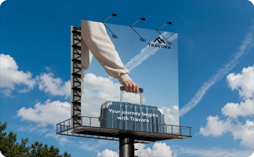 AI banner ad generator example featuring a photorealistic 16:9 billboard advertisement with a hand holding a blue suitcase against a bright blue sky. The travel-themed design showcases the fictional brand "Travora" with the headline "Your journey begins with Travora," demonstrating a modern outdoor advertising mockup created using AI.