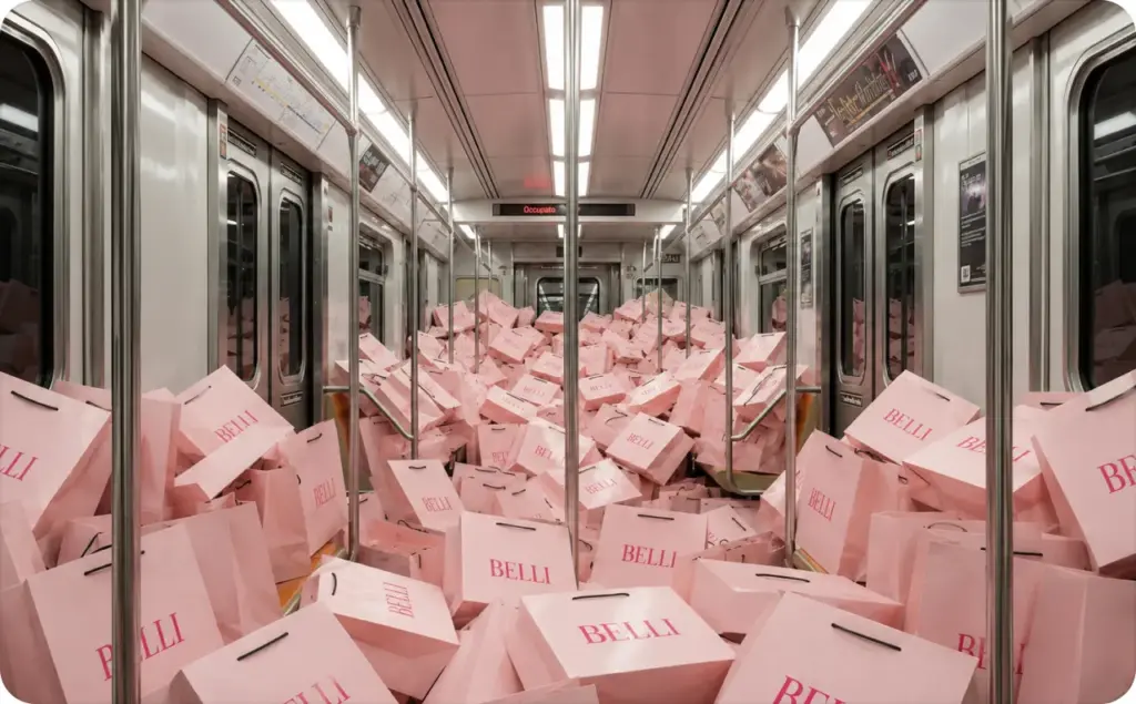 Wide-angle view of a modern subway car overflowing with pastel pink BELLI shopping bags, creating a surreal luxury retail scene. This high-quality visual was created with an AI generator for small business, showcasing creative branding, product marketing, and eye-catching eCommerce content.