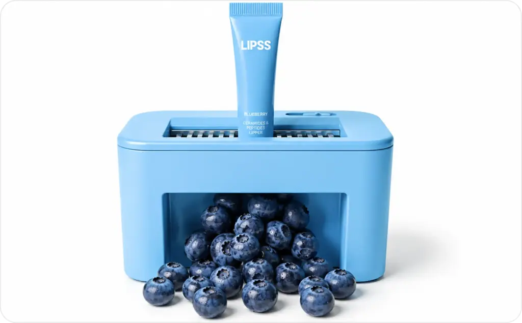 Blue lip treatment tube labeled "LIPSS Blueberry" standing on a blue dispenser filled with fresh blueberries against a clean white background.