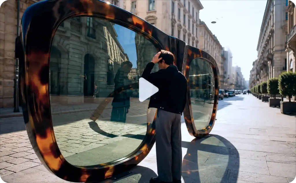 Large tortoiseshell-style sunglasses installed on a city street with a person standing beside them, creating a striking visual that highlights the scale and design of AI product video generators for eyewear and fashion marketing.