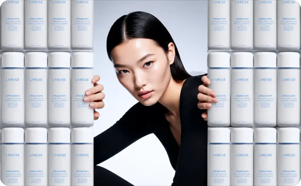 Promotional image made by AI static ad generator featuring a model in a black outfit posing between stacks of Laneige Cream Skin Toner & Moisturizer bottles against a clean white background, emphasizing the skincare product in a modern, minimalist advertising style.