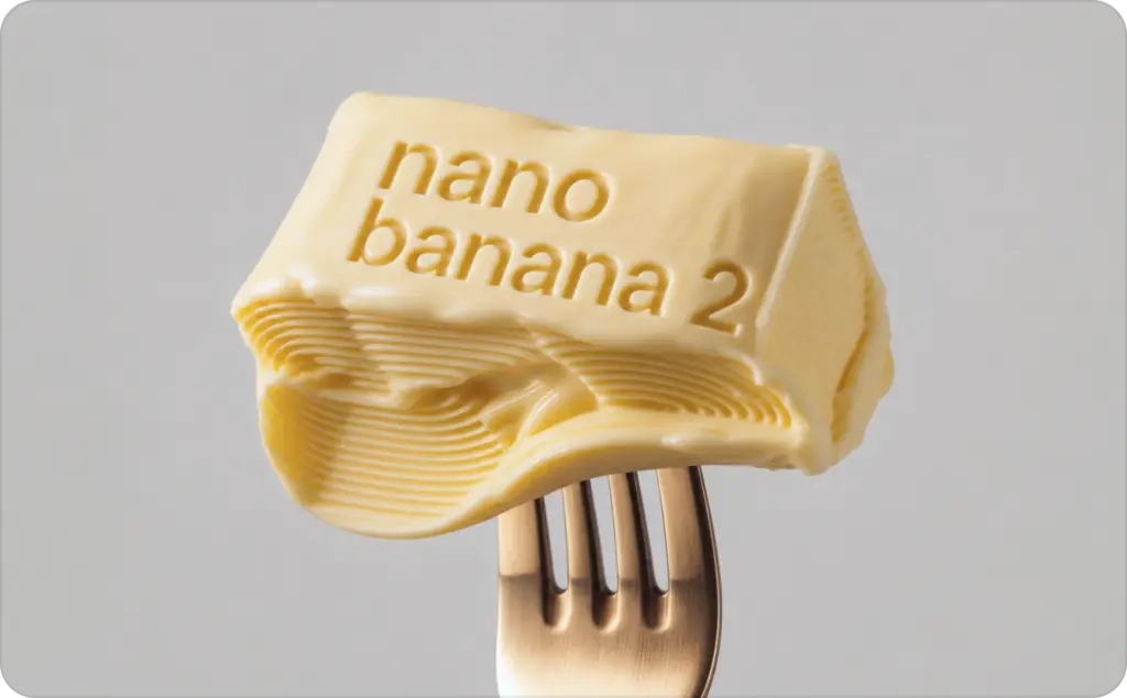Close-up of a creamy folded slice of cheese balanced on a fork, with the words "Nano Banana 2" embossed on the surface. The cheese has smooth, layered folds against a soft gray background, creating a clean, minimal product-style image.