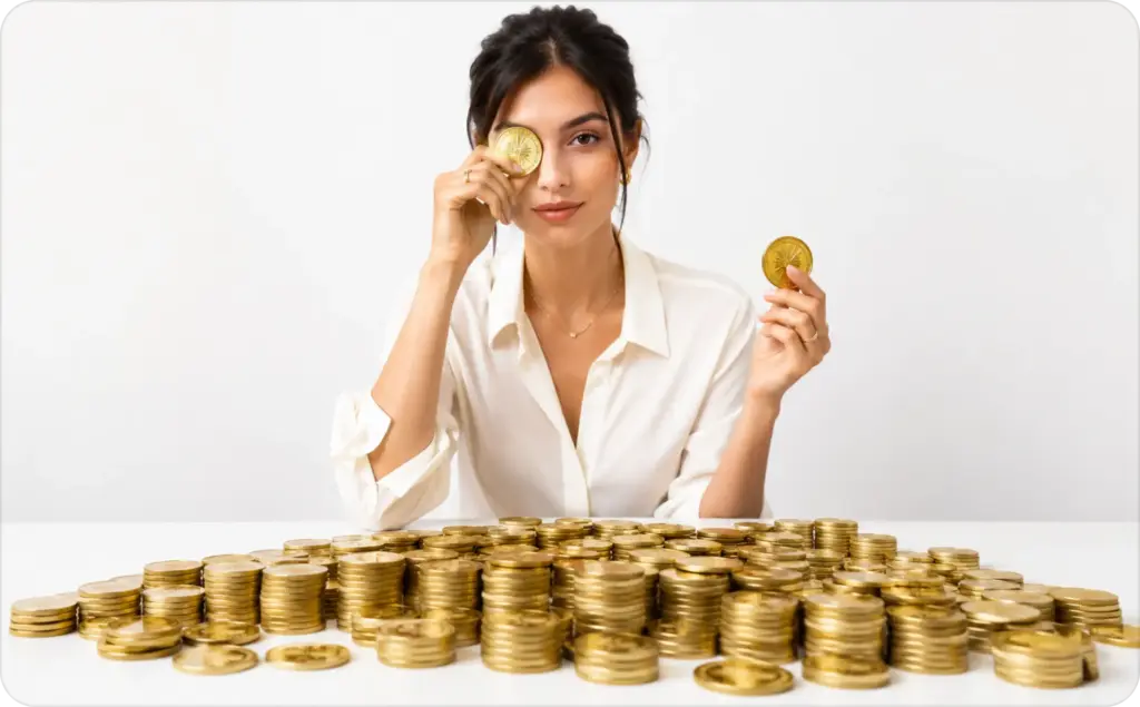 A stylish woman in a white shirt holds two gold coins while sitting behind stacks of gold coins on a clean white background, illustrating the comparison between Rewarded video ads vs Interstitial monetization formats in mobile games and apps.
