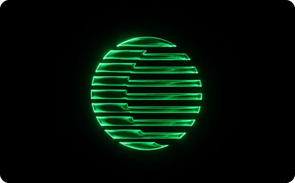 AI models Zeely uses illustrated with a glowing green 3D liquid glass logo centered on a black background, featuring a modern futuristic design with soft neon lighting and reflective glass effects.