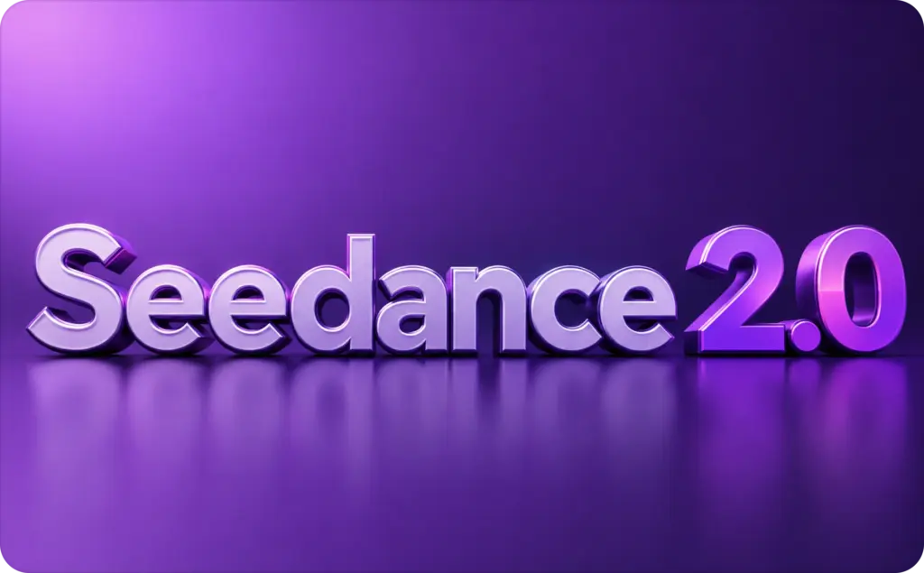 Seedance AI 2.0 logo in glossy 3D lettering on a vibrant purple gradient background.