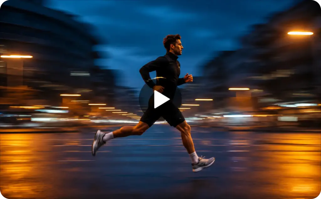 Athletic runner in sharp side profile against a motion-blurred city at blue hour, with orange streetlights and a centered play icon illustrating Veo 3.1 vs Veo 3.1 Fast.