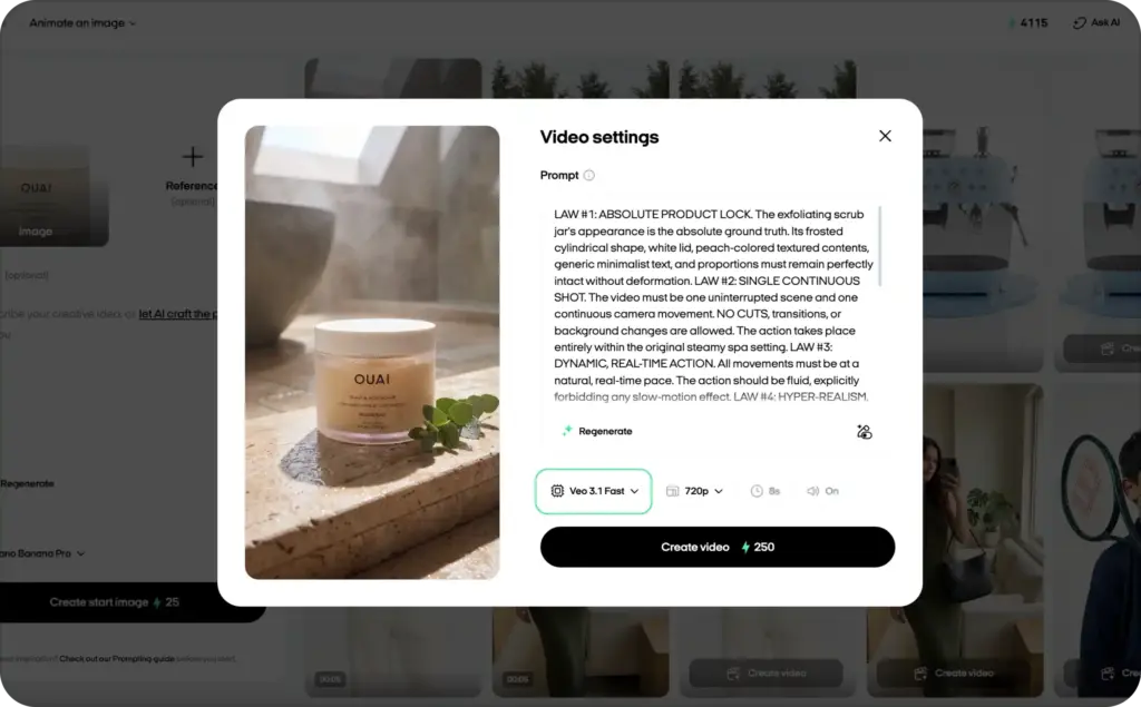 Veo 3.1 Fast model in Zeely AI video settings