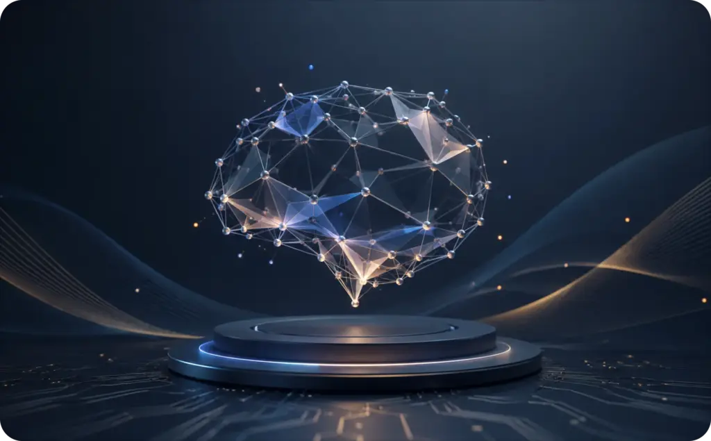 Futuristic visualization of AI models represented by a glowing neural network structure floating above a sleek digital platform.