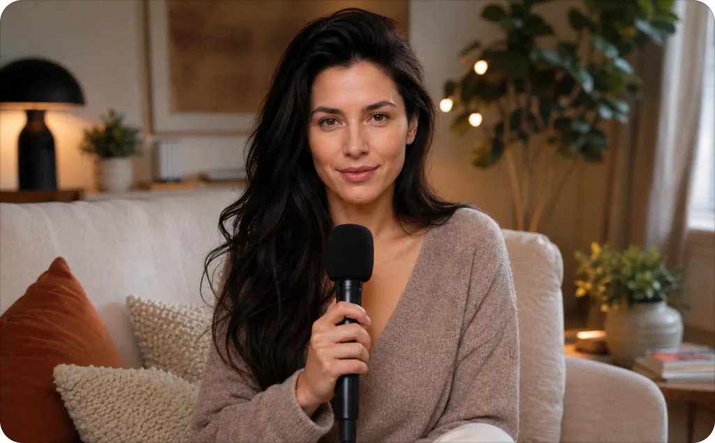 A friendly, long-haired female influencer holding a microphone in her stylish home, representing modern AI voice technology.