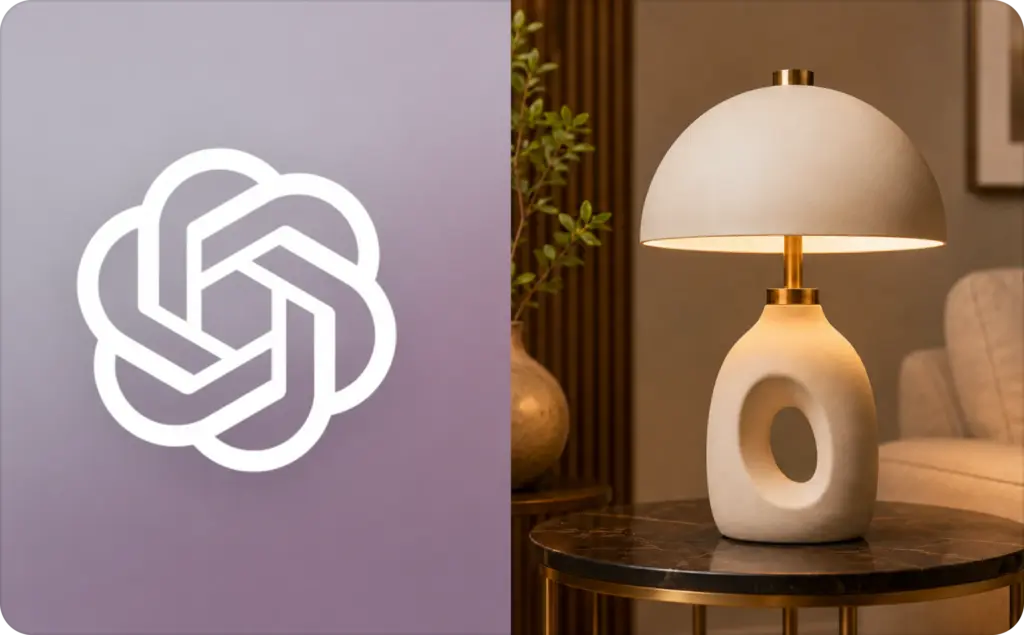GPT Image 2 for product ads, shown beside an AI-generated product photo of a modern designer house lamp.