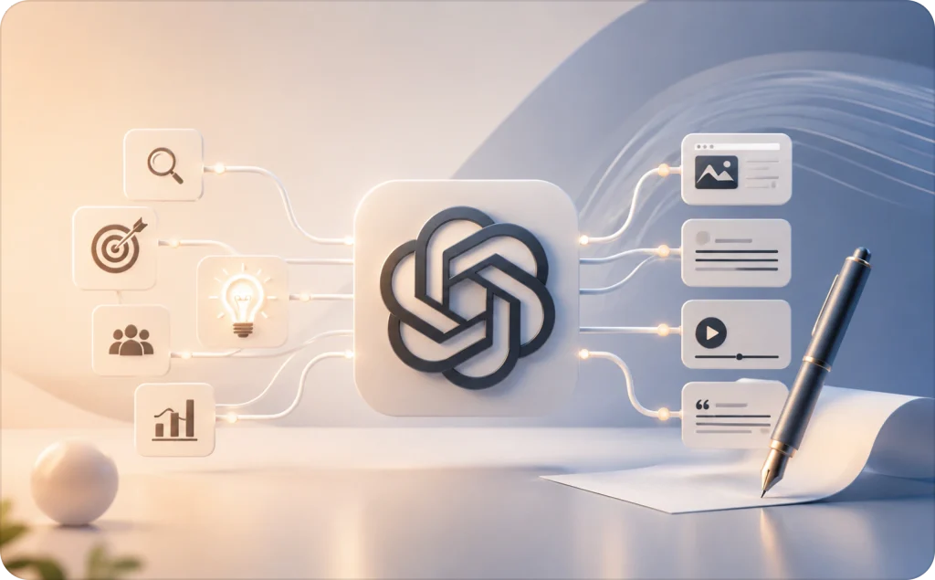 Stylish modern illustration showing GPT models for better ad copy workflows, connecting audience insights, creative ideas, performance data, and multiple ad content formats.
