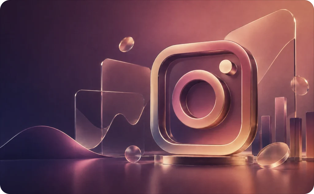 nstagram ads cost concept with a 3D Instagram symbol, analytics charts, and cost-related graphics on an elegant purple and rose-gold background.