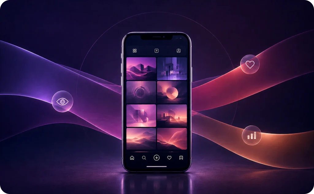 Smartphone displaying an Instagram-style photo grid with engagement icons symbolizing increased reach and views on Instagram.