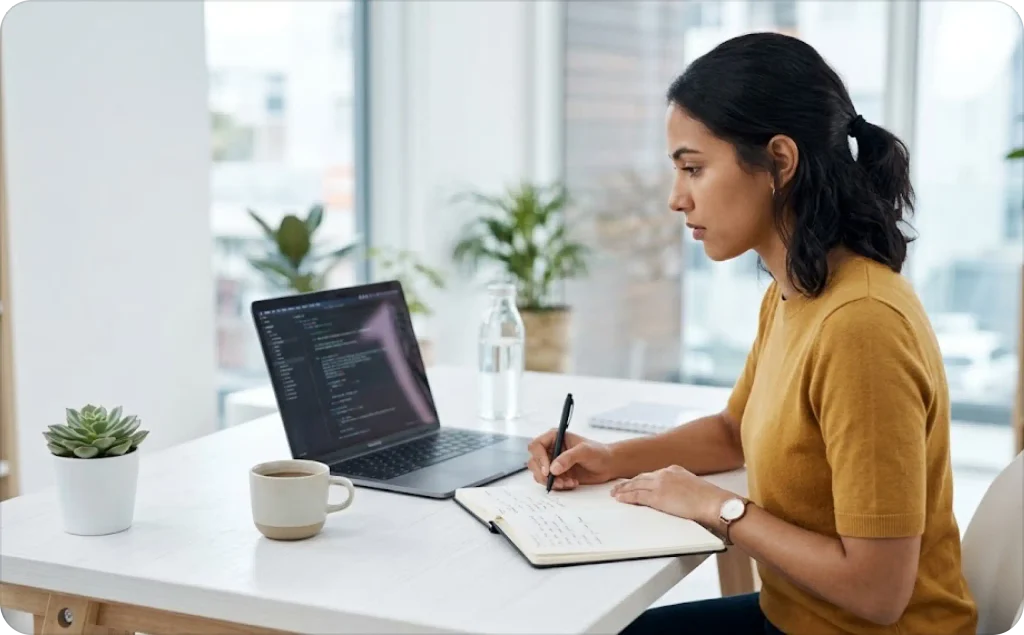 Woman writing ad scripts in a notebook while working on a laptop at a bright office desk.