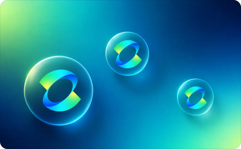 Kling 2.5, 2.6, or 3.0 AI video generation visual with three glass bubbles featuring Kling logos on a subtle blue, cyan, teal, and green gradient background.