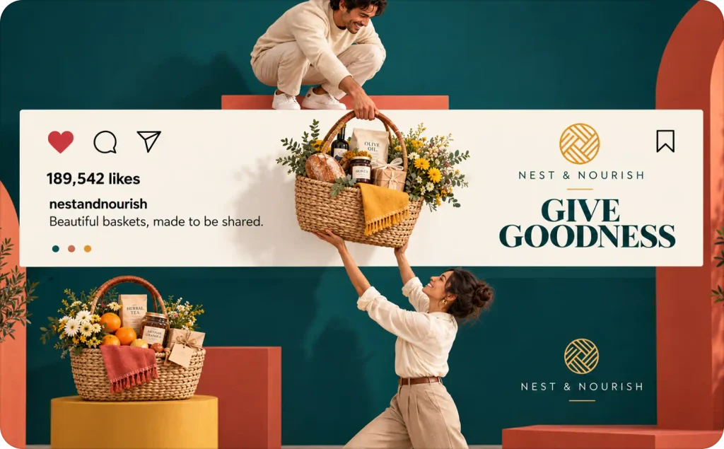 Two small-business owners exchange a handcrafted gift basket in a colorful social media ad showcasing AI tools for small businesses.