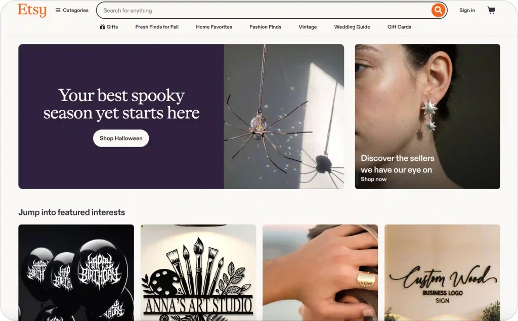 Etsy landing page