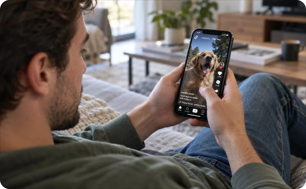 A man on sofq scrolling TikTok feed on his phone