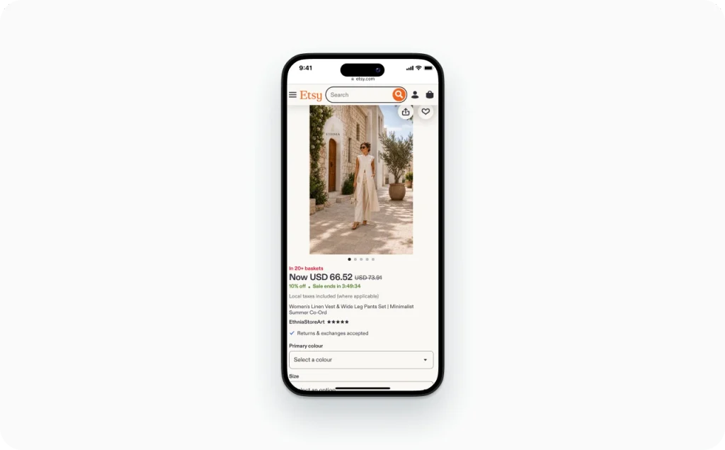 Linen set product page with size and fabric details on a phone.
