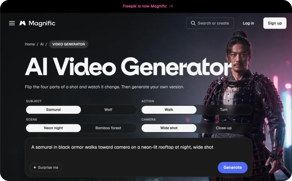 Freepik AI Video landing page