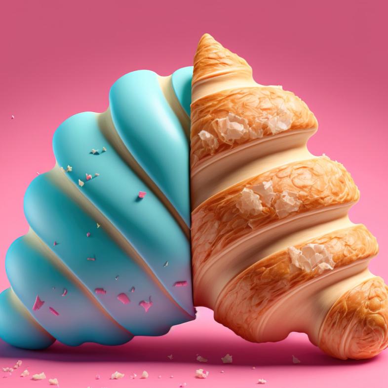 Digital and real croissant on pink background