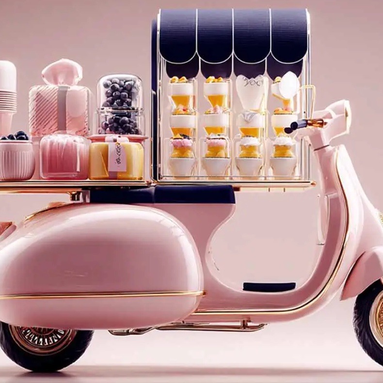 The pink scooter with food. on pink background