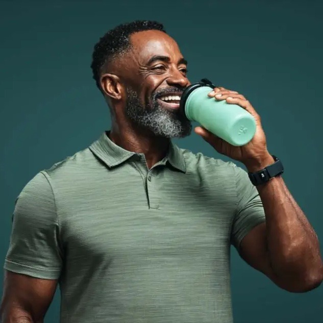 A man drinking from reusable bottle on green background