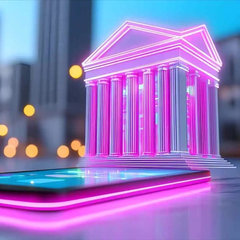 Neon digital bank building emerging from smartphone, symbolizing modern banking.