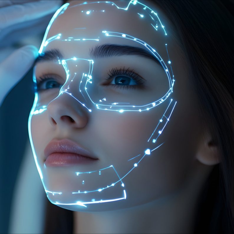 A close-up of a young woman’s face illuminated by glowing blue digital lines forming a futuristic facial mapping pattern, suggesting advanced technology or AI-based skin analysis, with a soft, clinical background.