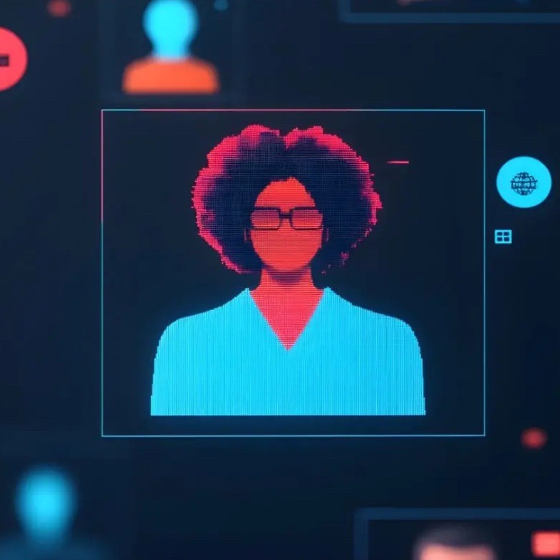 A stylized digital illustration of a person with curly hair and glasses, shown in bright red and blue holographic colors on a dark interface background, representing an anonymous digital profile or AI-generated avatar.