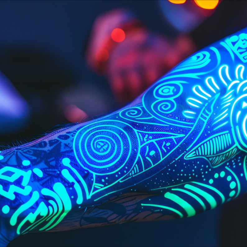 A close-up of a person’s arm covered in glowing neon tattoos under UV light, featuring intricate geometric and tribal patterns in bright blue and green hues, creating a futuristic, artistic effect in a dark setting.